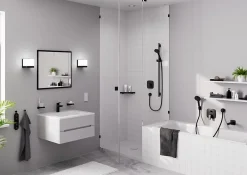 Colonne De Douche Sans Robinetterie|Hansgrohe Kit de douche sans robinetterie avec pommeau + douchette 2 jets + barre réglable, noir, Vernis Blend