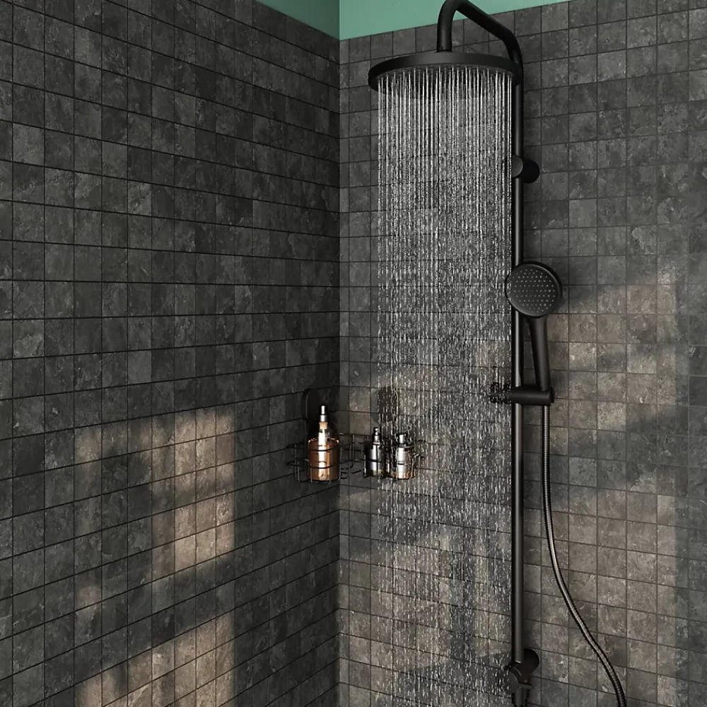 GoodHome Kit de douche sans robinetterie avec pomme de tête, douchette et barre noir Maza