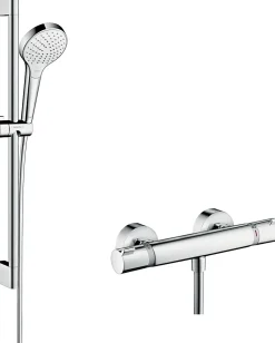 Colonne De Douche Thermostatique|Hansgrohe Kit de douche thermostatique avec douchette 3 jets + flexible + barre réglable, chrome, Combi Croma S 150