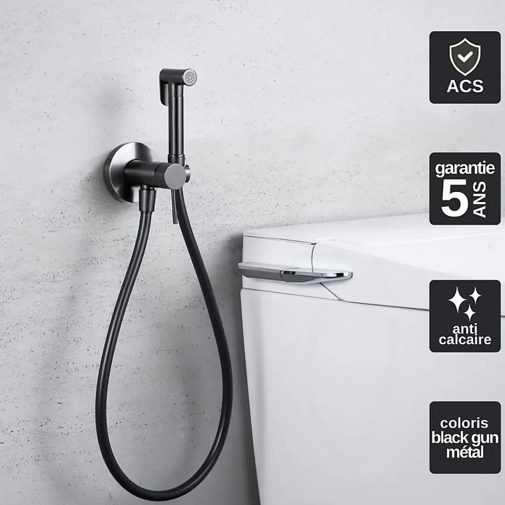 Imex Kit Douchette anti-calcaire hygiénique encastrée WC ou Bidet Salle de Bain Black Gun Métal LINE RDD038/BGM