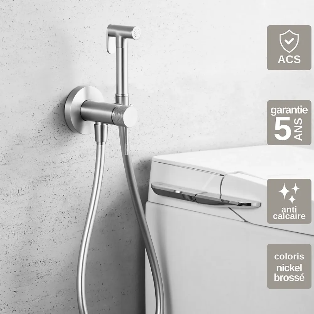 Robinet De Bidet|Imex Kit Douchette anti-calcaire hygiénique encastrée WC ou Bidet Salle de Bain Nickel Brossé LINE RDD038/NQ