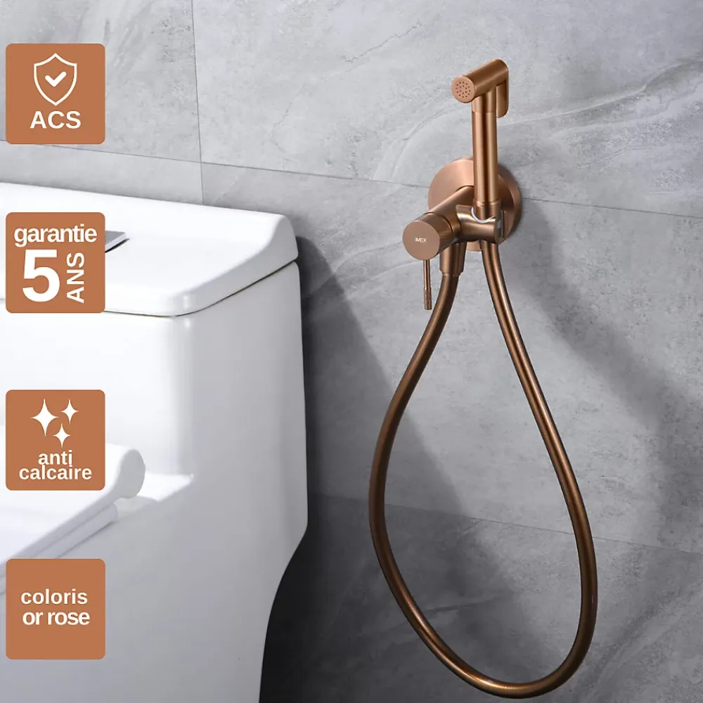 Imex Kit Douchette anti-calcaire hygiénique encastrée WC ou Bidet Salle de Bain Or Rose LINE RDD038/ORC