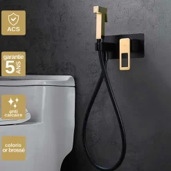 Robinet De Bidet|Imex Kit Douchette anti-calcaire hygiénique encastrée WC ou Bidet Salle de Bain Noir et Or SUECIA BDC032-5/NGOLD