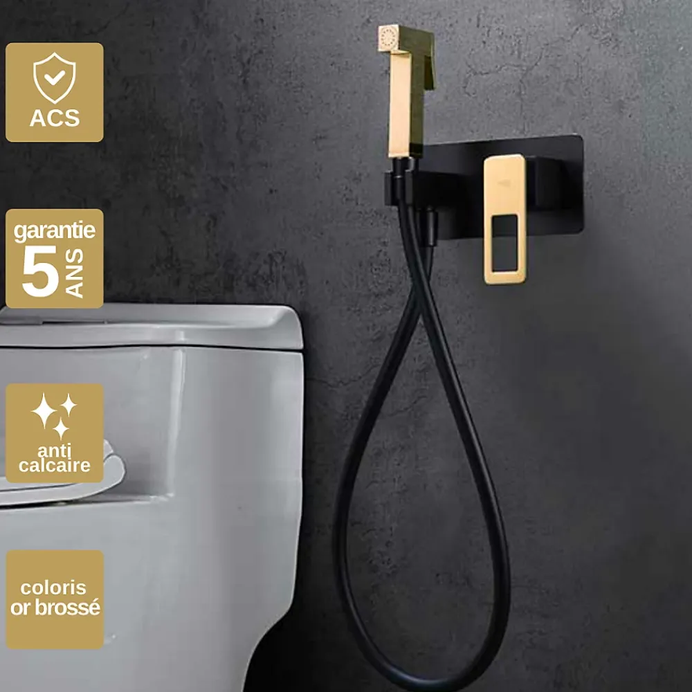 Robinet De Bidet|Imex Kit Douchette anti-calcaire hygiénique encastrée WC ou Bidet Salle de Bain Noir et Or SUECIA BDC032-5/NGOLD