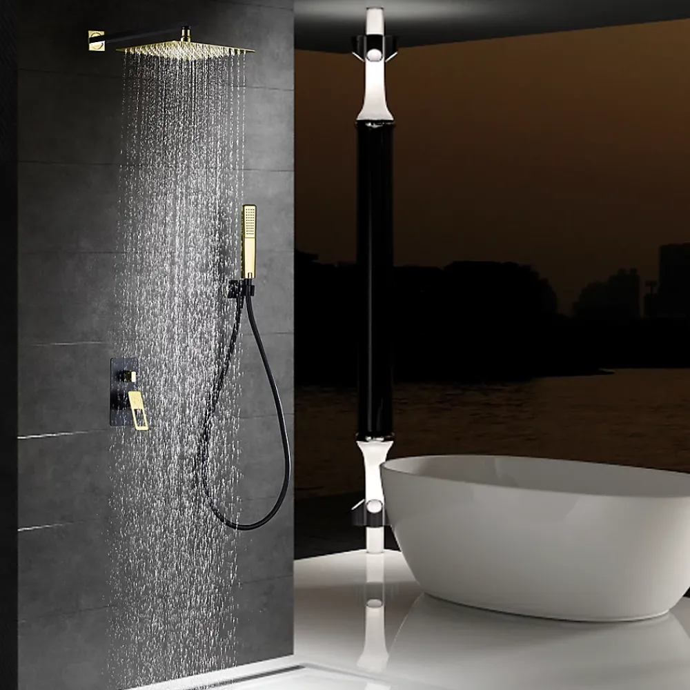 Colonne De Douche Mécanique|Imex Products Kit encastre douche 2 voies acier et laiton noir et or avec pomme de 25x25 cm