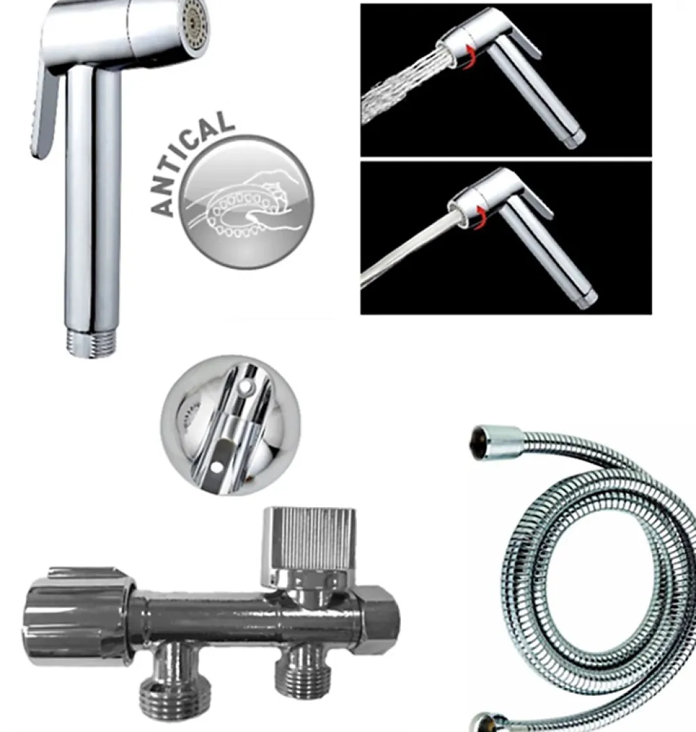 MTK Kit hygiène WC avec douchette 2 jets + flexible + support mural + robinet alimentation, chrome, Harmonie