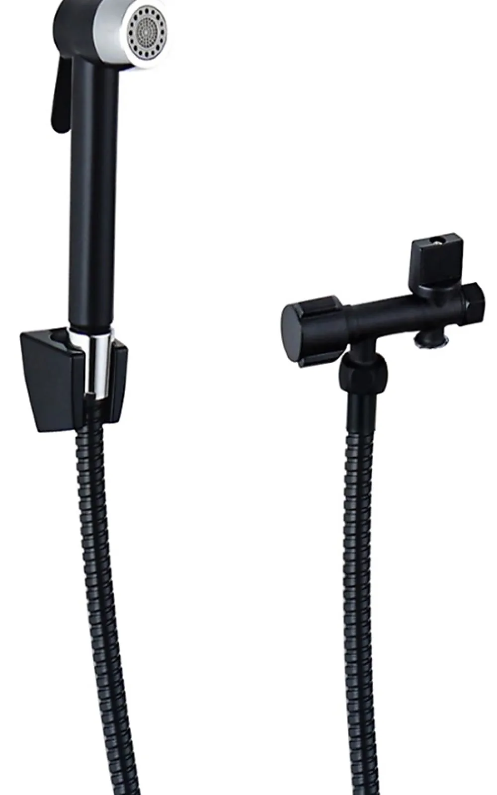 MTK Kit hygiène WC avec douchette 2 jets + flexible + support mural + robinet alimentation, noir/chrome, Harmonie