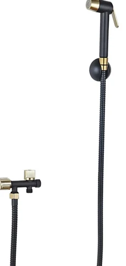 MTK Kit hygiène WC avec douchette 2 jets + flexible + support mural + robinet alimentation, noir/doré brossé, Harmonie