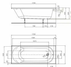 Baignoire Droite|Kolo by Geberit Opal Plus 170 x 70 cm Baignoire droite avec pieds 190 L en acrylique, blanc (XWP1270000)