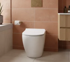Laneri WC au sol Bent Rim - Cuvette Rimless sans bride Blanc Brillant FIL Mural design arrondi - Abattant Soft-Close