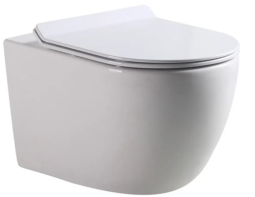 Wc À Poser|Laneri WC Suspendu Série Bent Rim - Cuvette Suspendue Rimless sans bride Blanc Brillant - Dimension 52 cm - Abattant Soft-Close