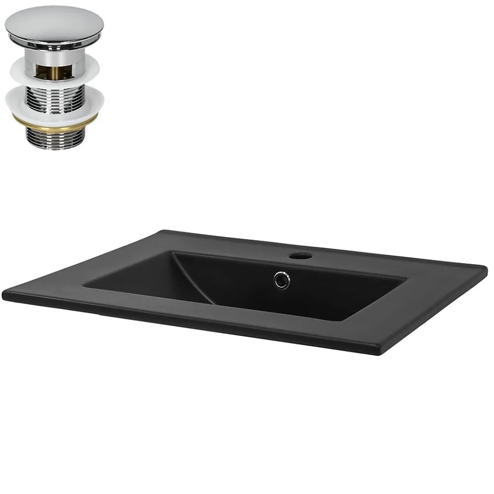 Luxebath Lavabo à encastrer noir mat céramique avec bouchon de vidange 615 x 470 x 175 mm