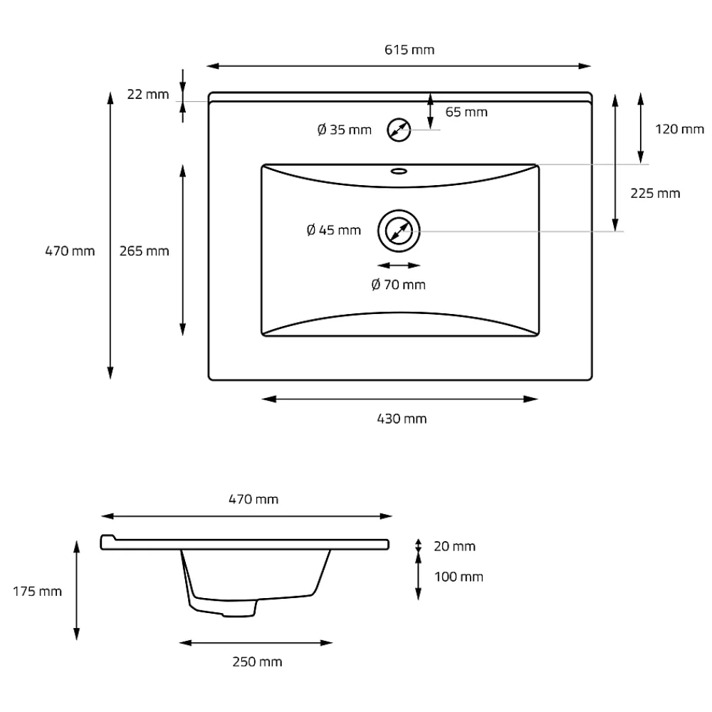 Luxebath Lavabo à encastrer noir mat céramique avec bouchon de vidange 615 x 470 x 175 mm