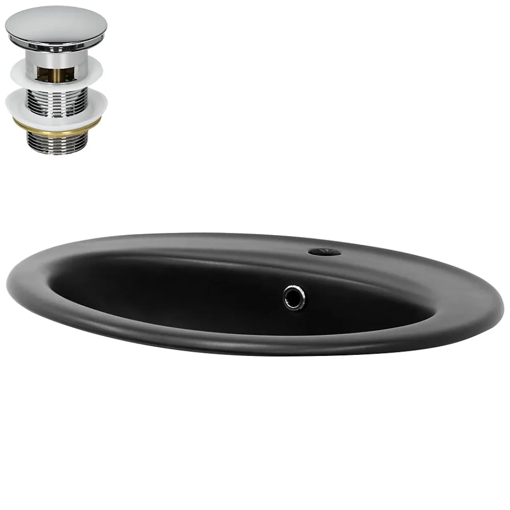 Luxebath Lavabo à encastrer noir mat céramique bouchon de vidange argent
