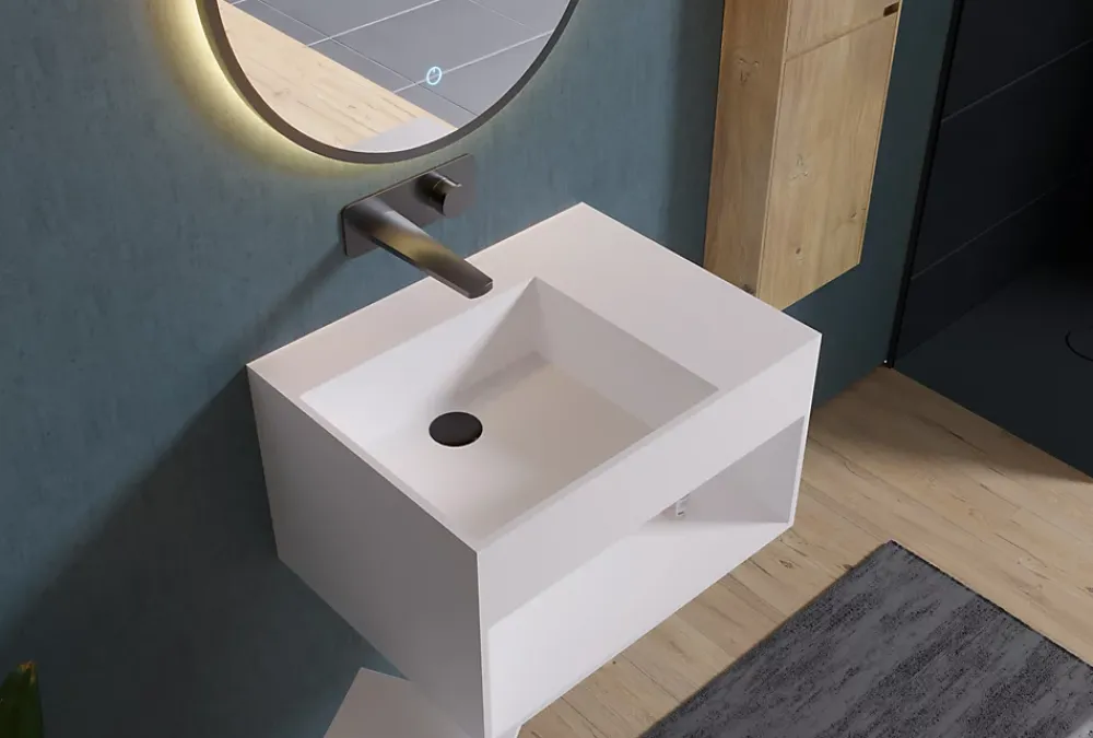 Bernstein Lavabo à suspendre 60x46x35cm en fonte minérale avec espace de rangement - blanc mat - PB2158