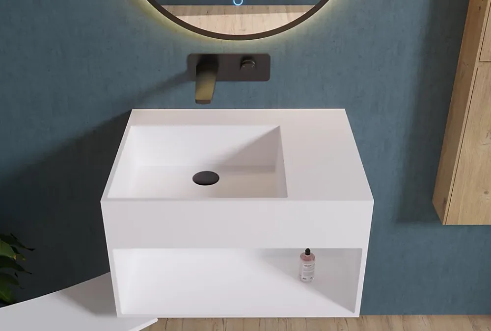 Bernstein Lavabo à suspendre 60x46x35cm en fonte minérale avec espace de rangement - blanc mat - PB2158