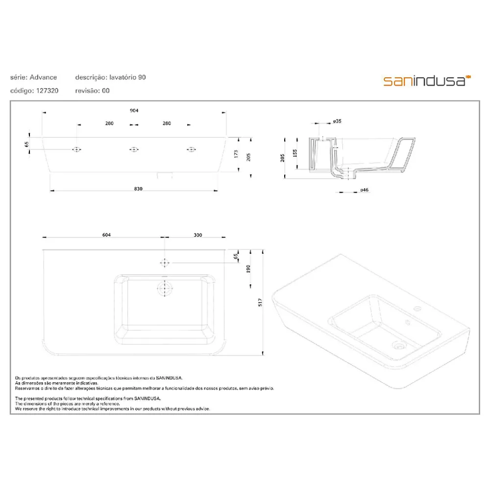 Sanindusa Lavabo Advance céramique traditionnelle 90x52 blanc