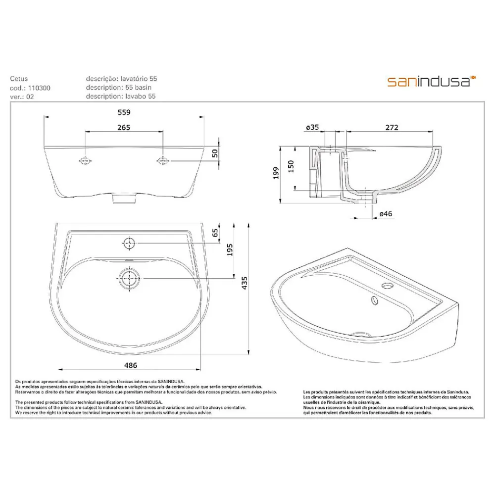 Sanindusa Lavabo 55cm Aveiro céramique traditionnelle Cetus blanc