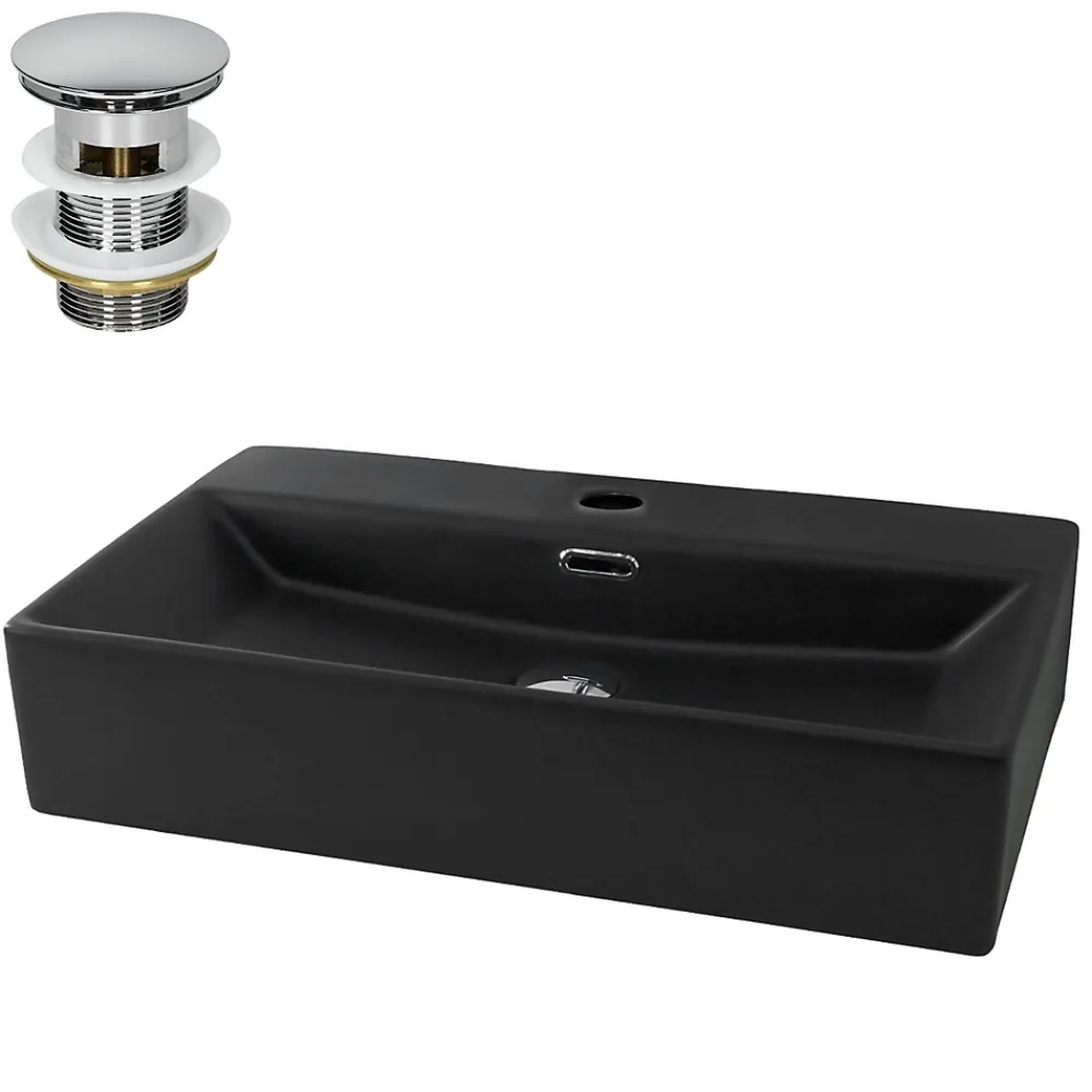 Luxebath Lavabo céramique noir avec garniture de vidage lave-mains moderne 605x365x130 mm