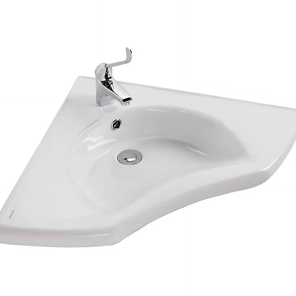 Sanindusa Lavabo d'angle mural PMR extra plat normes handicapé porcelaine vitrifée NewWCCare blanc