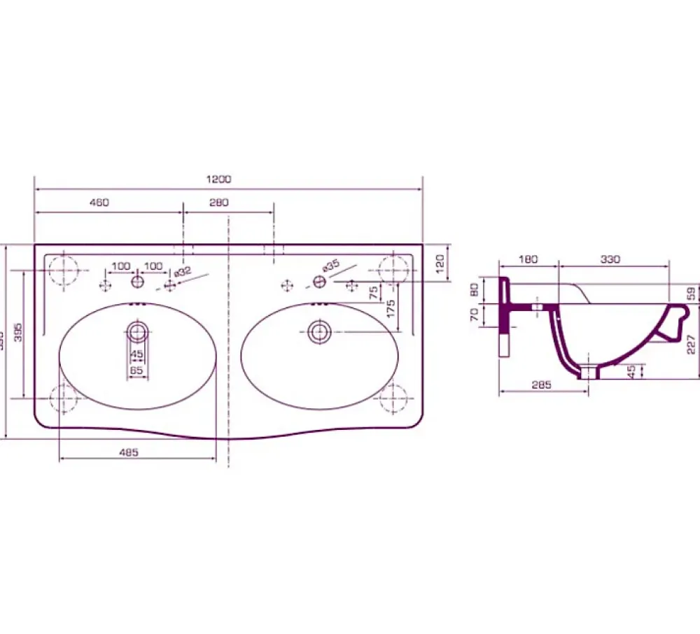 Lavabo|Sarreguemines Lavabo double vasques Louxor sur colonnettes