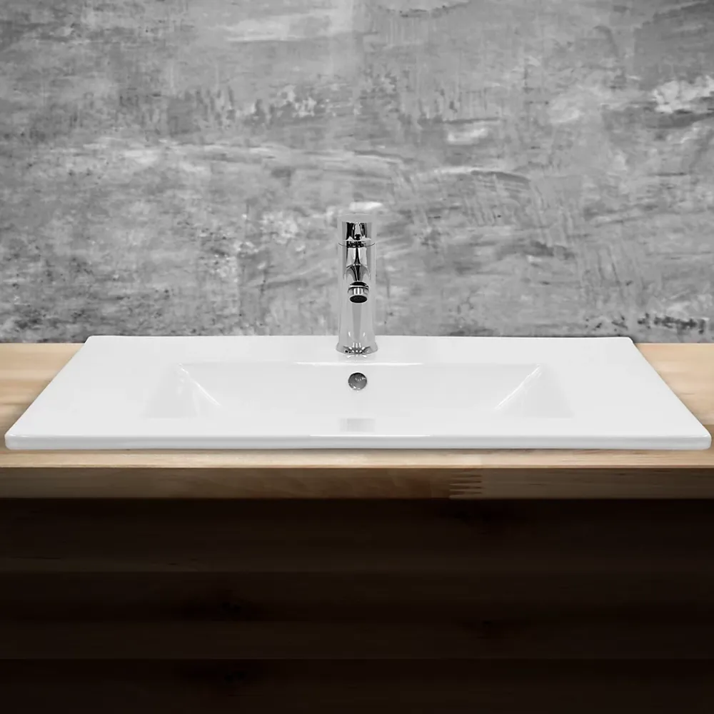 ECD Germany Lavabo en céramique blanc avec garniture de vidage et trop-plein 710x465x175 mm