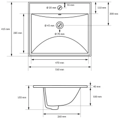 Vasque À Encastrer|Ml-Design Lavabo en céramique blanc avec garniture de vidage et trop-plein 510x415x155 mm