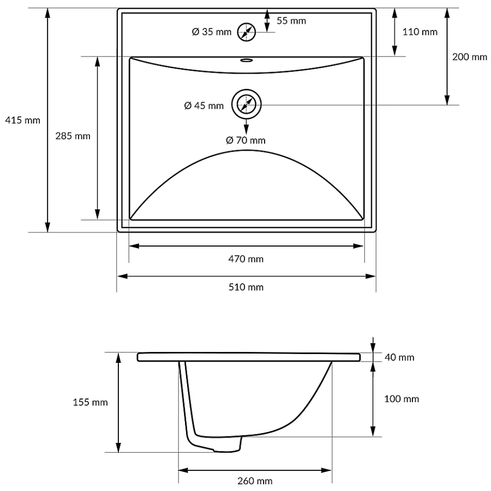 Vasque À Encastrer|Ml-Design Lavabo en céramique blanc avec garniture de vidage et trop-plein 510x415x155 mm