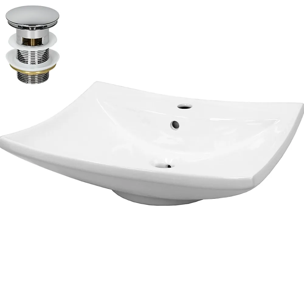 Vasque À Poser|ECD Germany Lavabo en céramique blanc avec garniture de vidage lave-mains moderne 605x165 mm