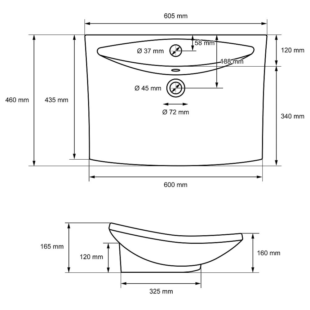 Vasque À Poser|ECD Germany Lavabo en céramique blanc avec garniture de vidage lave-mains moderne 605x165 mm