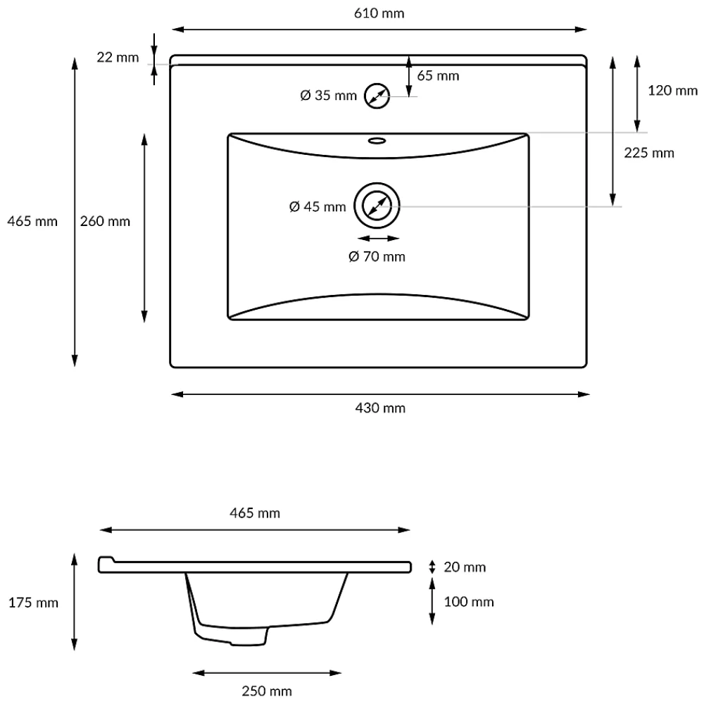 ECD Germany Lavabo en céramique blanc avec garniture de vidage vasque encastrer 610x465 mm
