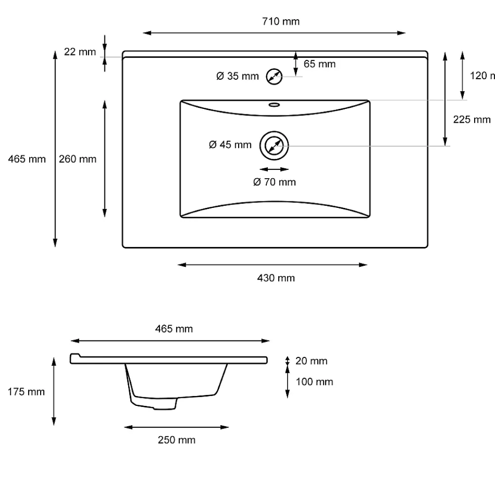 ECD Germany Lavabo en céramique blanc avec garniture de vidage lave-mains moderne 710x465 mm