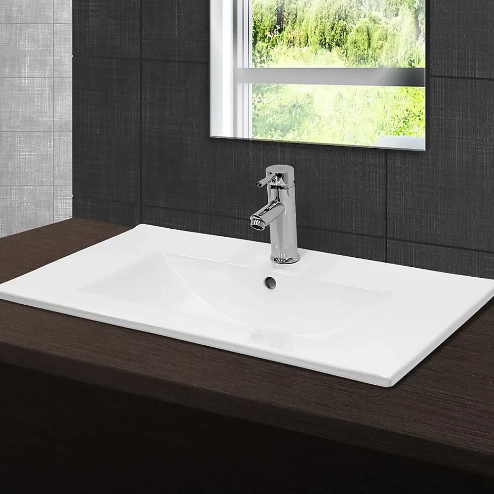 ECD Germany Lavabo en céramique blanc avec garniture de vidage lave-mains moderne 710x465 mm