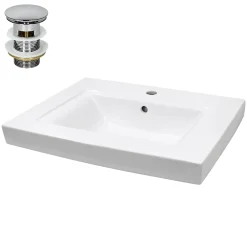 Vasque À Encastrer|ECD Germany Lavabo en céramique blanc avec garniture de vidage lave-mains moderne 605x465 mm