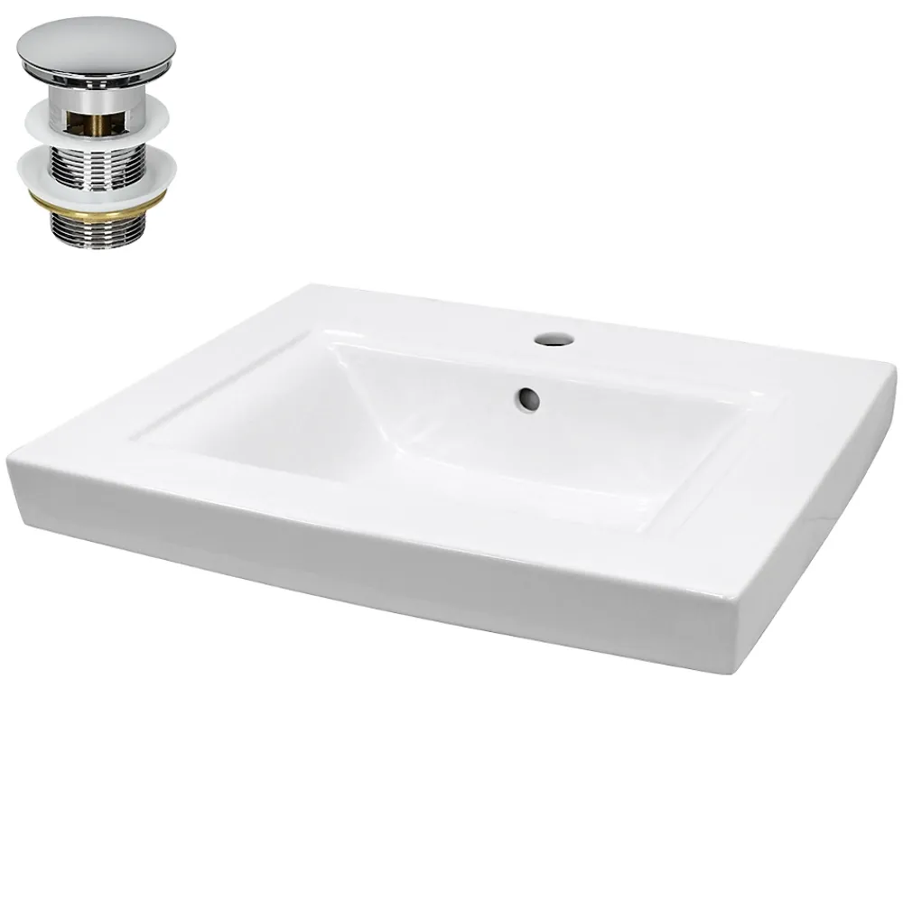 Vasque À Encastrer|ECD Germany Lavabo en céramique blanc avec garniture de vidage lave-mains moderne 605x465 mm