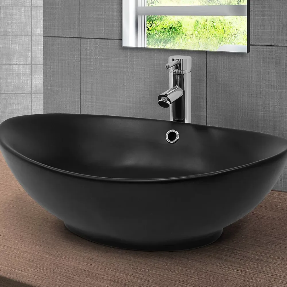 Lavabo|Ml-Design Lavabo en céramique noir lave-mains avec garniture de vidage 590x380x190 mm