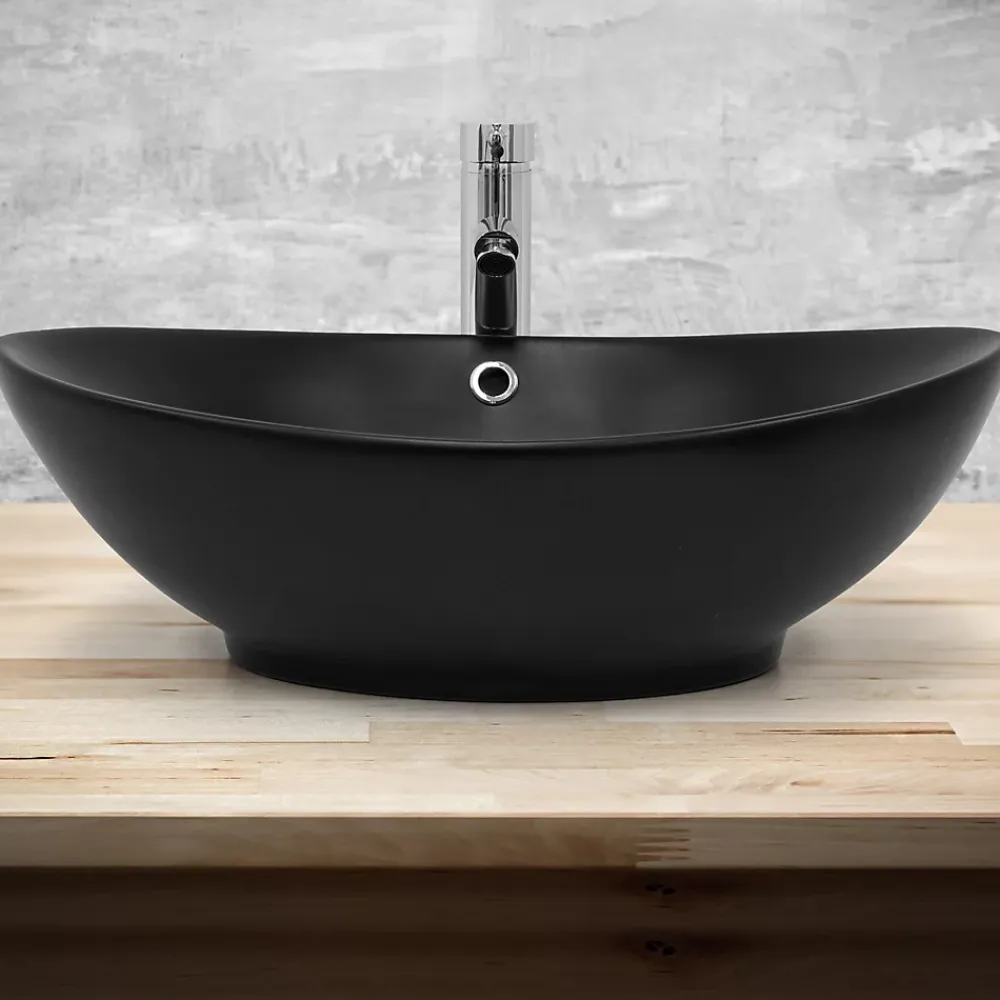 Lavabo|Ml-Design Lavabo en céramique noir lave-mains avec garniture de vidage 590x380x190 mm