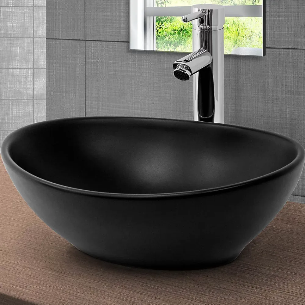 Vasque À Poser|Luxebath Lavabo en céramique noir lave-mains moderne + garniture de vidage 410x335x145 mm