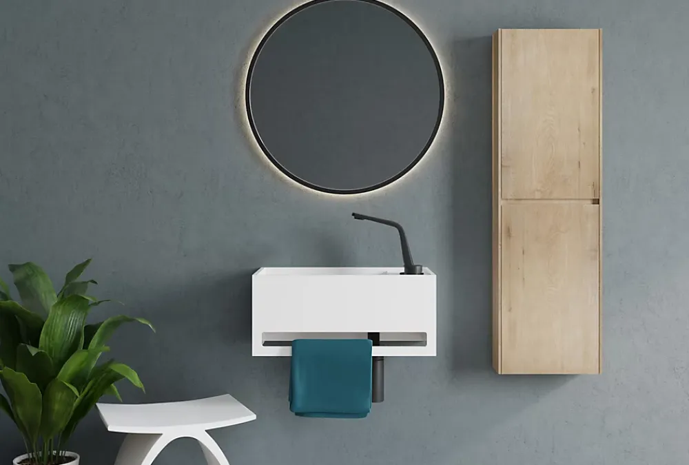 Bernstein Lavabo mural en fonte minérale 50x30x22cm avec porte-serviettes intégré - blanc mat - PB2078