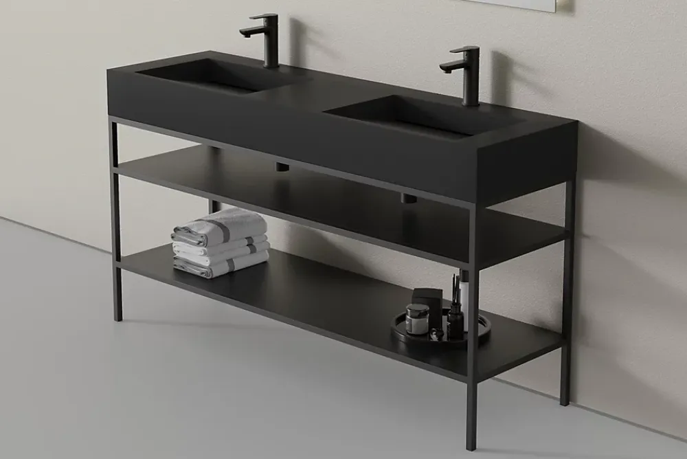 Bernstein Lavabo mural en fonte minérale 153x45x15cm Quartz noir + Console métallique sur pieds 150S