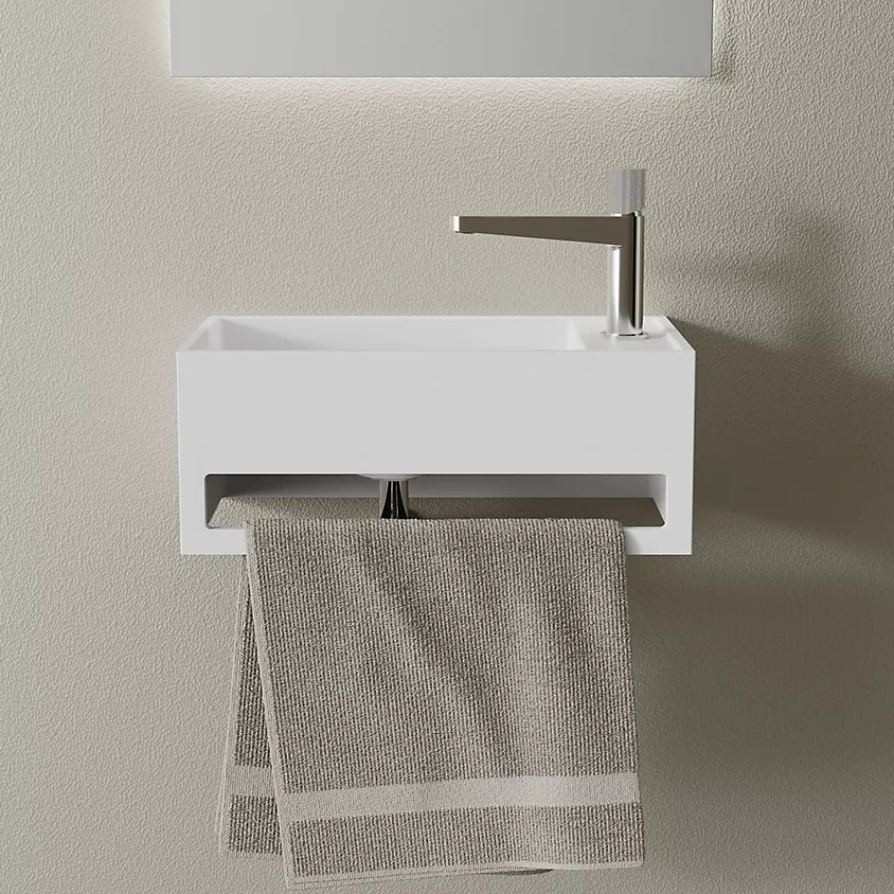 Bernstein Lavabo mural en fonte minérale 50x30x20cm - blanc mat - avec porte-serviettes intégré - PB2078