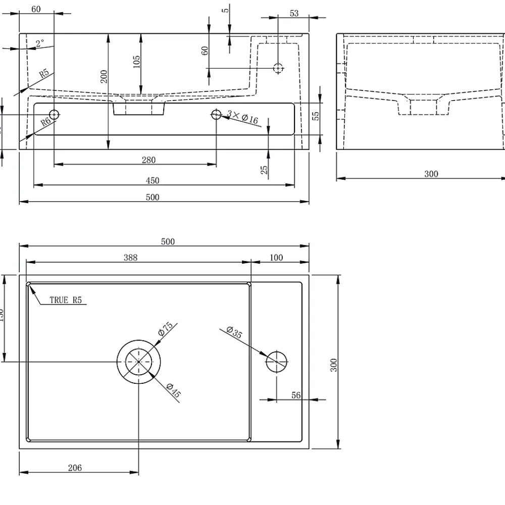 Bernstein Lavabo mural en fonte minérale 50x30x20cm - blanc mat - avec porte-serviettes intégré - PB2078
