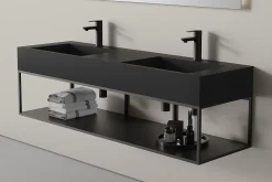 Lavabo|Bernstein Lavabo mural en fonte minérale 153x45x15cm Quartz noir + Console métallique suspendue 150S