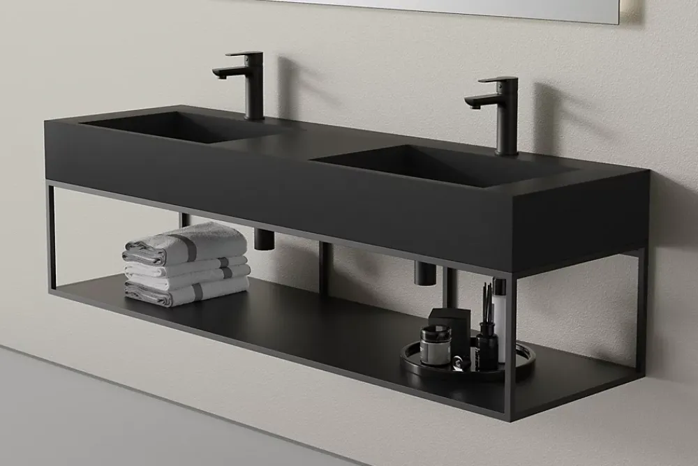 Lavabo|Bernstein Lavabo mural en fonte minérale 153x45x15cm Quartz noir + Console métallique suspendue 150S