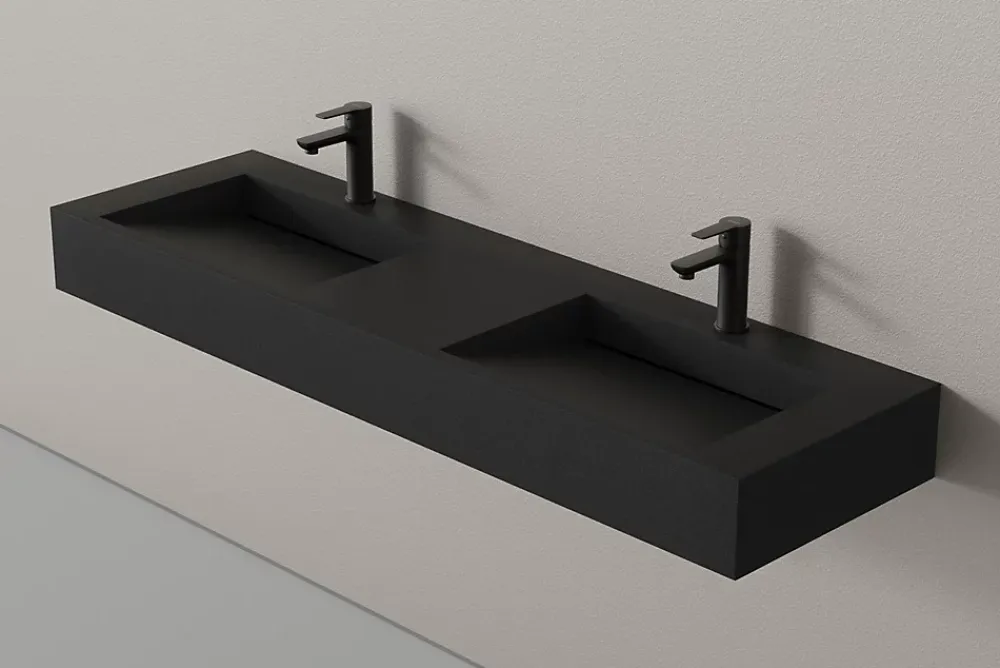 Lavabo|Bernstein Lavabo mural en fonte minérale 153x45x15cm Quartz noir, Sans Console métallique métallique