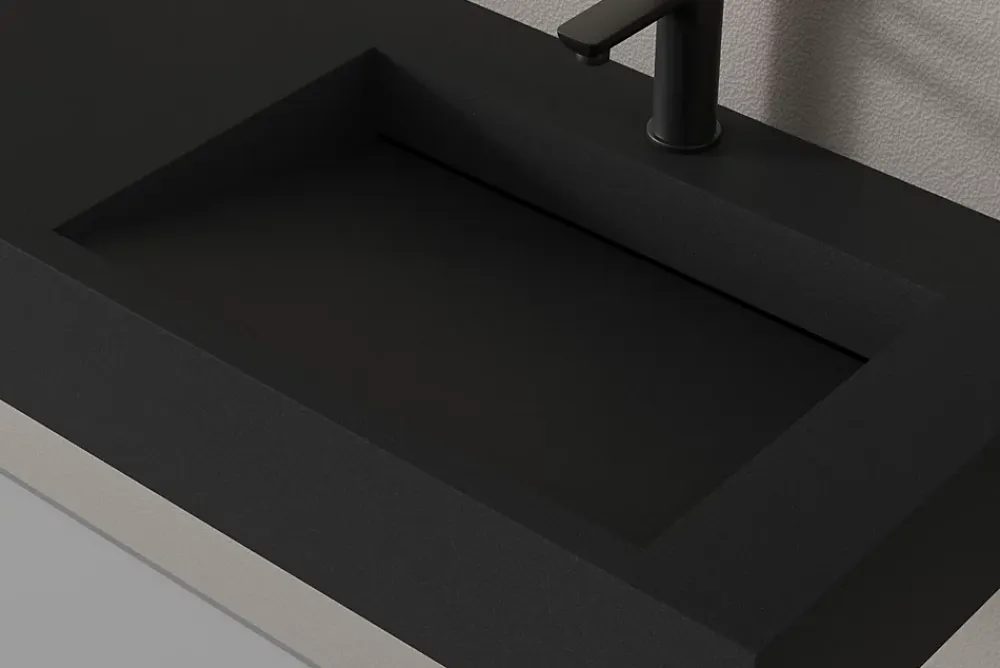 Lavabo|Bernstein Lavabo mural en fonte minérale 153x45x15cm Quartz noir, Sans Console métallique métallique