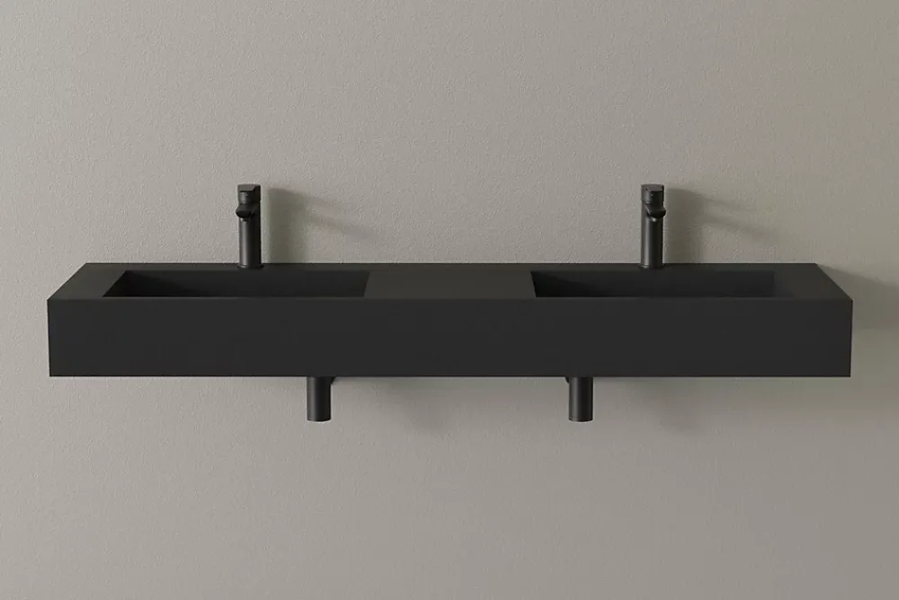 Lavabo|Bernstein Lavabo mural en fonte minérale 153x45x15cm Quartz noir, Sans Console métallique métallique