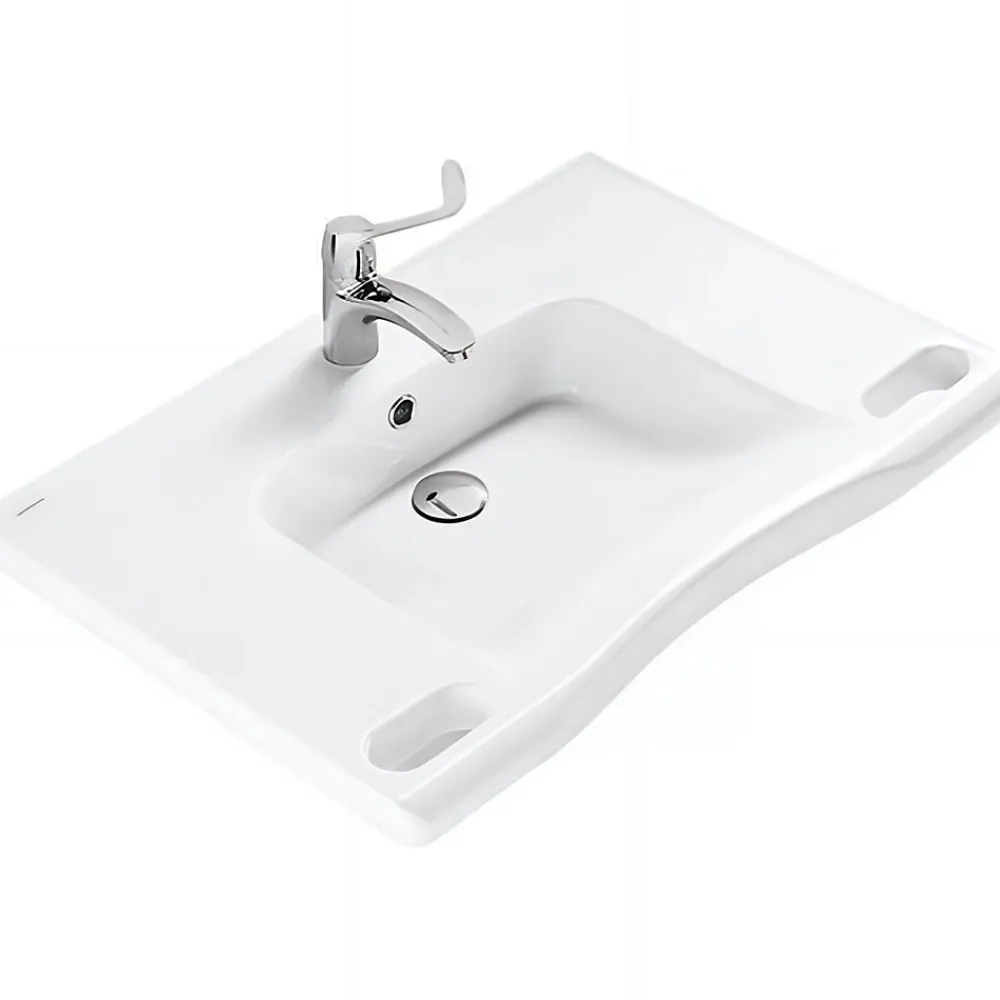 Lavabo|Sanindusa Lavabo mural PMR extra plat galbé normes handicapé porcelaine vitrifée NewWCCare 76x52 blanc avec trop plein