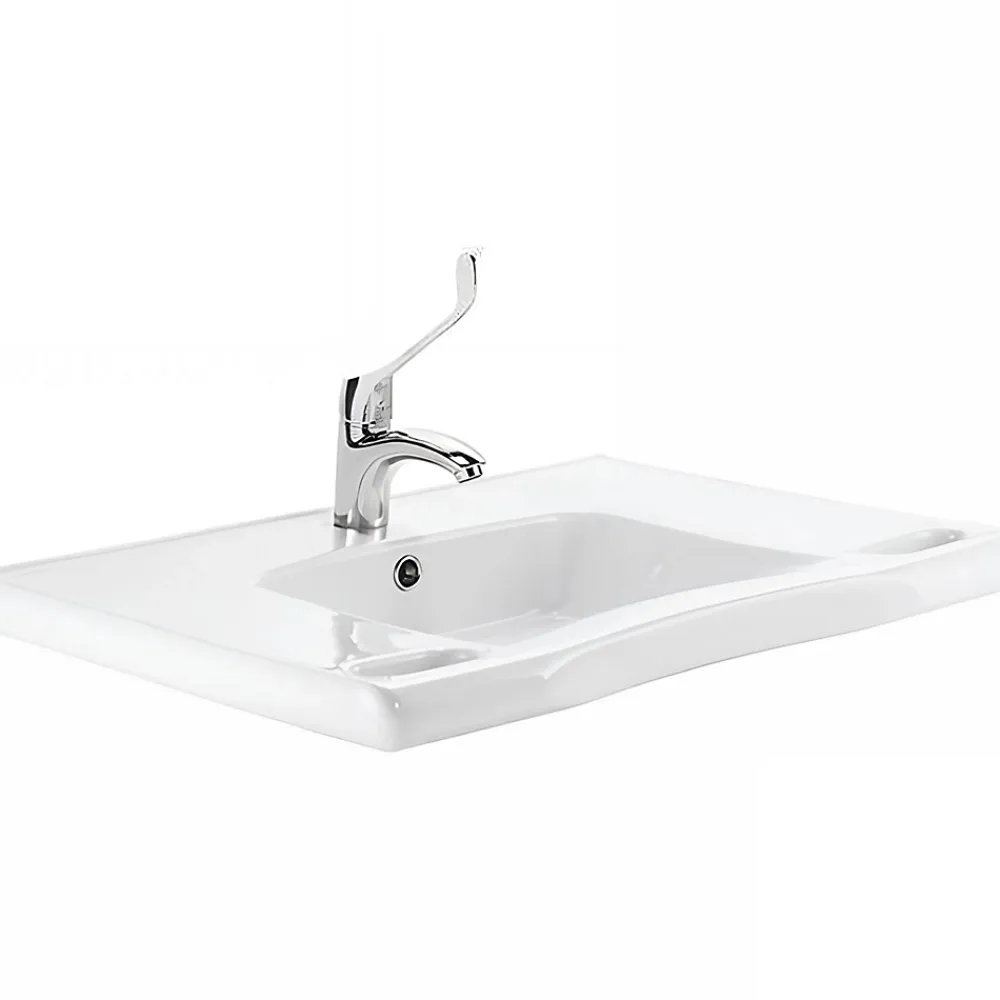 Lavabo|Sanindusa Lavabo mural PMR extra plat galbé normes handicapé porcelaine vitrifée NewWCCare 76x52 blanc avec trop plein