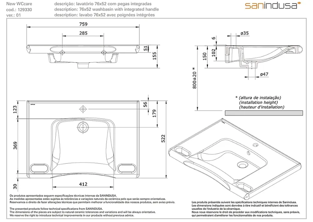 Lavabo|Sanindusa Lavabo mural PMR extra plat galbé normes handicapé porcelaine vitrifée NewWCCare 76x52 blanc avec trop plein